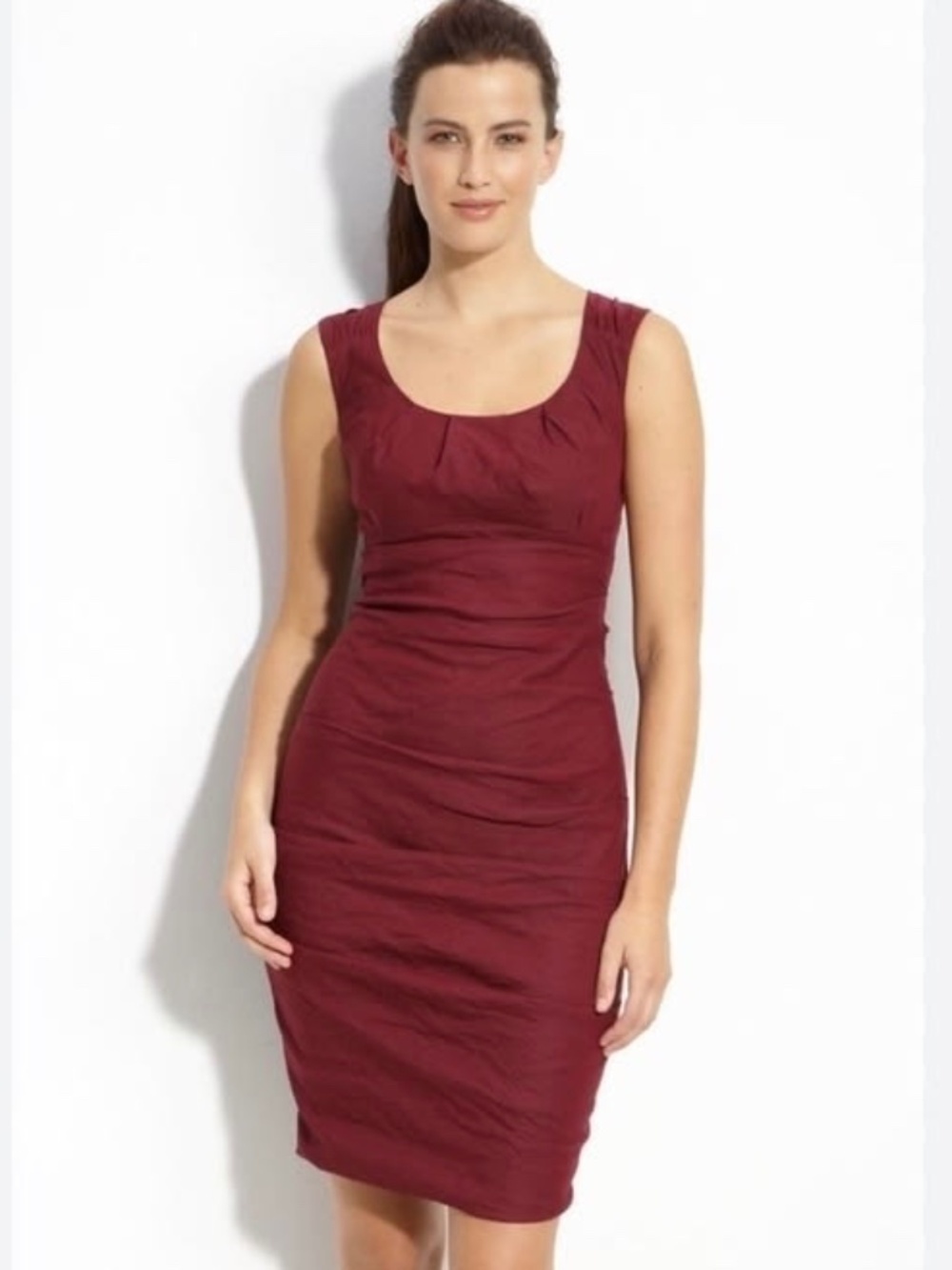 *Firm Price* Eileen Fisher Shirred Cotton Steel Stretch Burgundy Dress